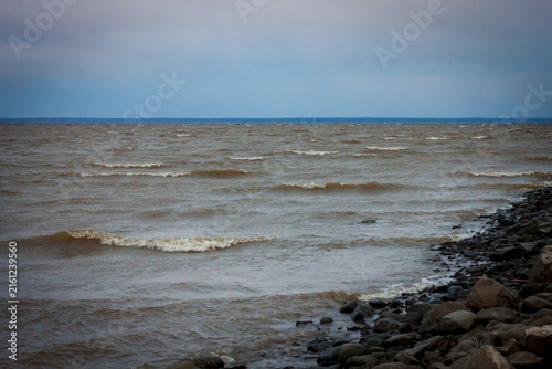 Choppy brown water waves washing rocky shore under gloomy overcast sky
