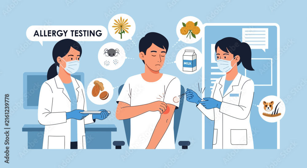 Fototapeta premium Allergy Testing: Doctors examining patient, icons of allergens