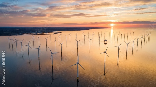 Offshore Wind Farm at Sunrise Over Calm Ocean, Alternate Composition