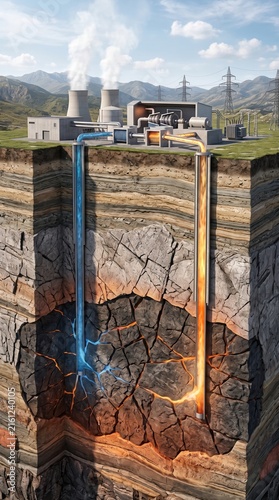 Geothermal Power System Underground Cross Section View, Vertical Format