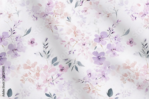 Floral pattern with purple flowers. Watercolor botanical print on white fabric background.