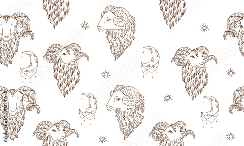 Repeatable vector pattern featuring handdrawn ram portraits with celestial moon and sun symbols in a decorative boho vintage style. Perfect for fabric, textile, wallpaper, wrapping paper, packaging, s