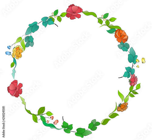 Floral Wreath Frame oval round Vector Illustration with Hand Drawn Flowers