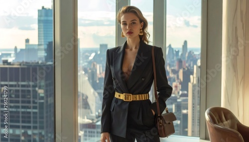 Confident businesswoman standing in luxury office overlooking city