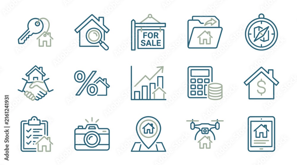 Fototapeta premium Real Estate and Property Management Icon Set for Mortgage, Home Search, House Buying, and Sales