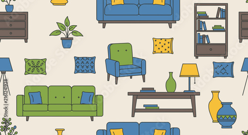 Stylized seamless pattern featuring colorful furniture items in a modern design space