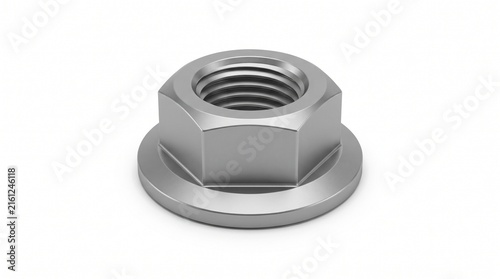 Metallic Hexagonal Flange Nut Fastener for Industrial Construction and Mechanical Engineering Projects 3D Rendered on White Background