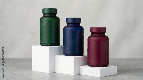 Three colorful opaque supplement bottles displayed on white pedestals against a light background.