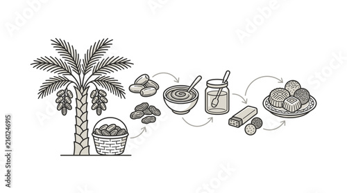 Date fruit processing infographic line art