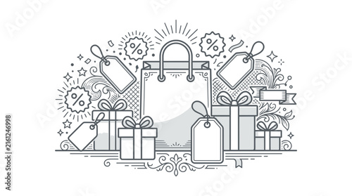 Shopping bag with gift boxes and promo tags.