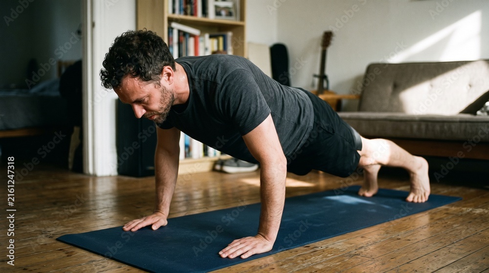 Fototapeta premium Man doing push ups on yoga mat in living room for home workout
