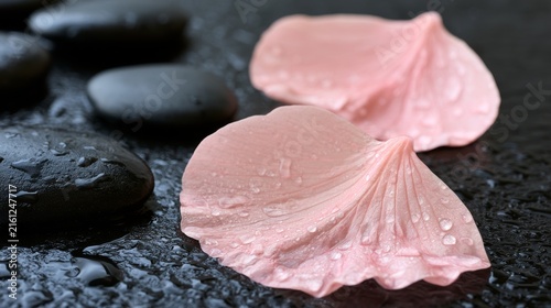 Pink petals on wet black stones