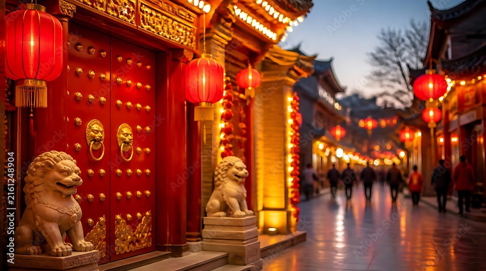 Fototapeta premium Traditional vibrant red Chinese temple entrance illuminated with ornate lanterns and guardian lion statues showcasing cultural