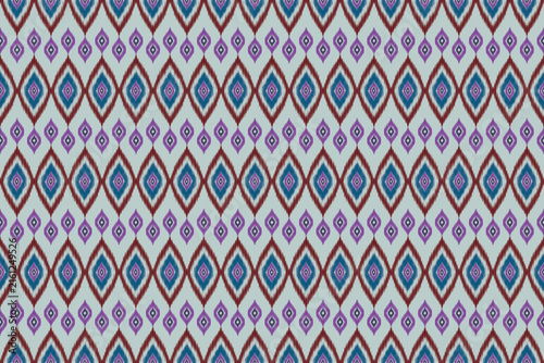 Seamless Ethnic Ikat Geometric Pattern Design with Intricate Diamond Motifs in Blue, Red, and Purple on Light Background