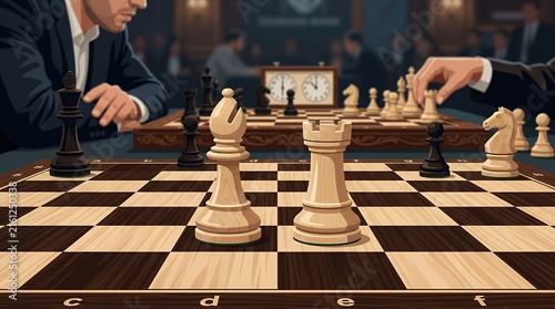 Professional Chess Tournament Illustration Featuring Bishop and Rook Pieces on a Wooden Board Background