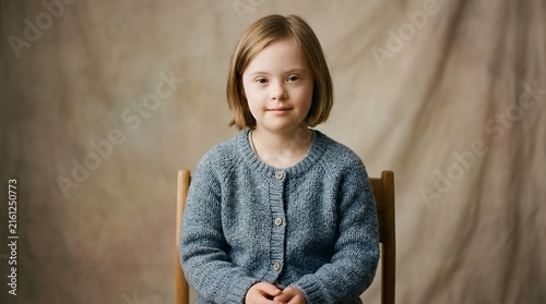 Portrait of a happy young girl with Down syndrome sitting on a chair in a studio with a warm smile