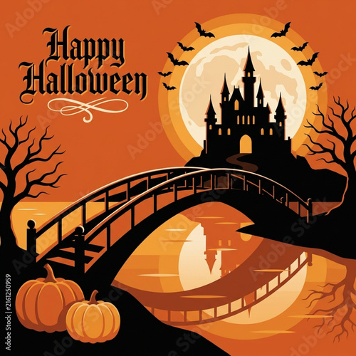 Happy Halloween greeting card, spooky castle silhouette with full moon, orange autumn landscape with bridge and pumpkins