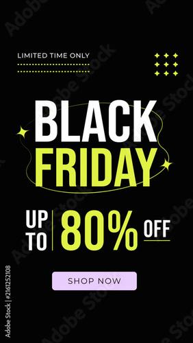 Modern Black Friday vertical social media banner with bold typography, neon green accents and up to 80% discount offer on black background.