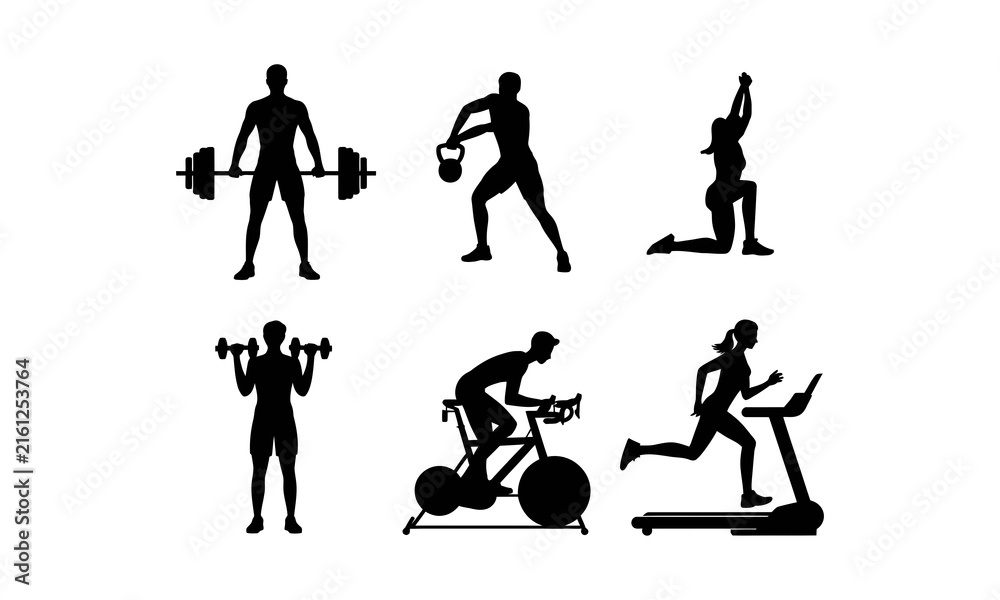 Obraz premium Black silhouettes of a group of people participating in a variety of fitness exercises like weightlifting running and stationary cycling