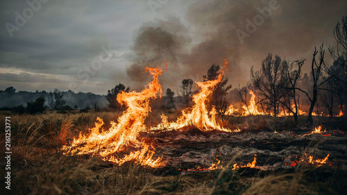 Raging Wildfire Burning Dry Grassland
