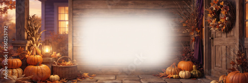 halloween 3d banner Cozy autumn front porch entrance decorated with pumpkins and fall foliage with a bright white copy space frame