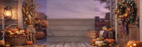 Cozy rustic porch decorated for autumn halloween banner with pumpkins lanterns and a festive fall wreath at twilight