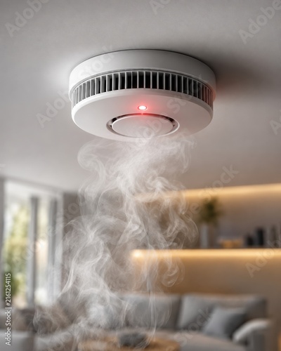 Close-up of a ceiling smoke detector with a flashing red light, detecting thick smoke in a modern living room. Home fire safety alarm system.