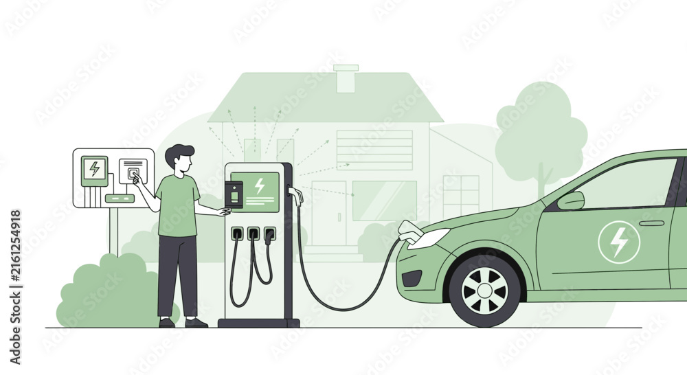 Obraz premium Man charging electric car at home charging station, eco-friendly transport