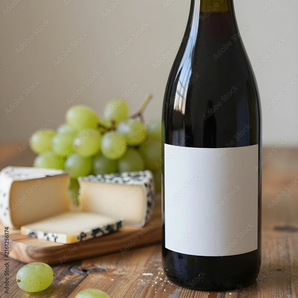 Naklejka premium Wine and cheese pairing gourmet food and drink red wine bottle with blank label grapes and cheese on wooden board
