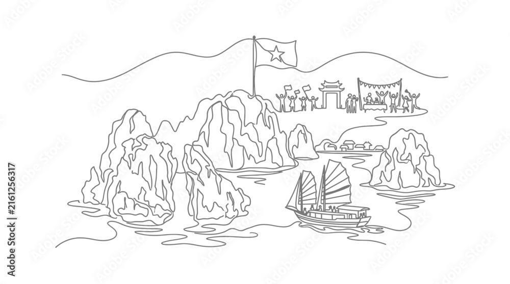 Fototapeta premium Continuous line drawing of scenic tropical bay with limestone islands and traditional boat