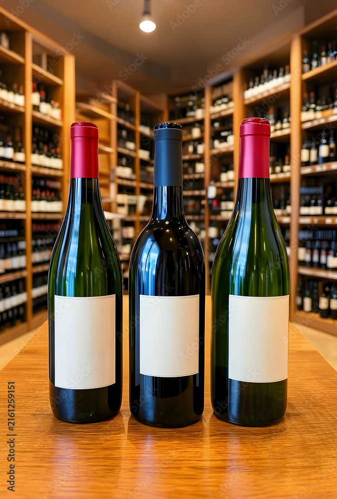 Naklejka premium Wine tasting and selection, three bottles of red and white wine with blank labels in a liquor store or cellar