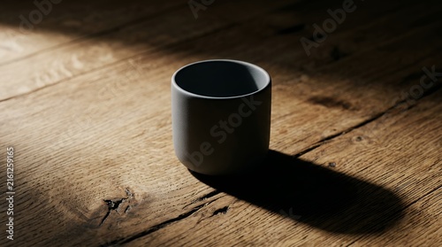 Minimalist matte grey ceramic cup on a rustic wooden table with dramatic side lighting and shadows