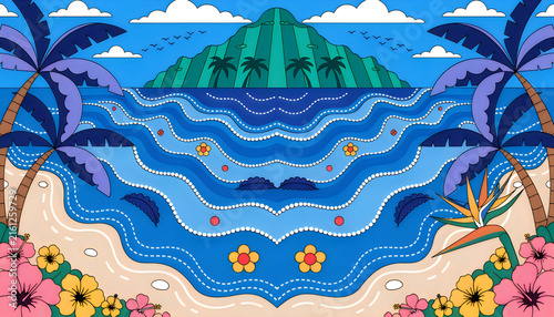 Abstract illustration of tropical island beach with hibiscus flowers and stylized waves.