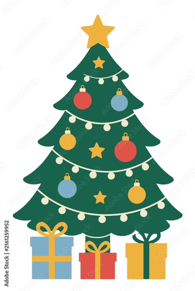 Naklejka premium Minimalist Christmas Tree with Ornaments and Gifts