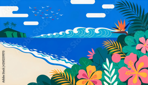 Graphic coastal landscape with big blue ocean wave and tropical flowers on sandy beach.