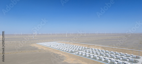Aerial View of Energy Storage Power Station with Wind Turbine Array in Gobi Desert