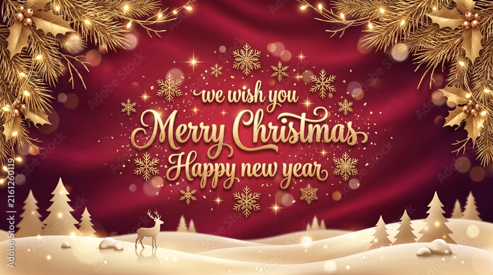 Obraz premium Golden merry christmas and happy new year greeting on red silk