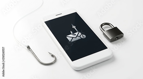 Cybersecurity Phishing Concept with Fishing Hook Stealing Email Data from a Smartphone Screen