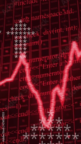 Animation of red inflation text, graph and grid over data processing on black background