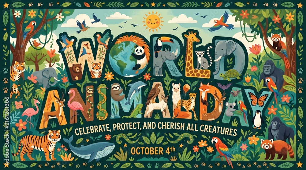 Naklejka premium Colorful poster shows diverse wildlife among tropical plants for World Animal Day on October 4. Concept animal conservation awareness for campaigns, posters and editorial use. Generative AI.
