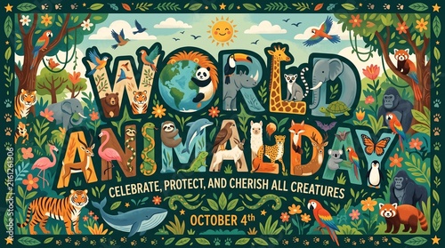 Colorful poster shows diverse wildlife among tropical plants for World Animal Day on October 4. Concept animal conservation awareness for campaigns, posters and editorial use. Generative AI.