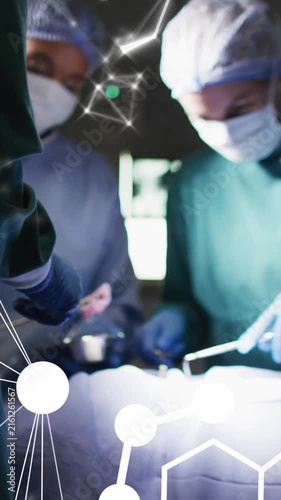 Animation of dna strand and chemical formula over diverse doctors at hospital