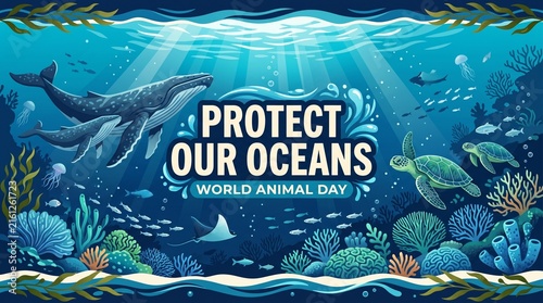 Underwater illustration shows whales, sea turtles, fish and coral around a Protect Our Oceans message. Concept marine conservation content for campaigns, posters and editorial use. Generative AI.