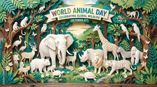 Paper cut art shows diverse wild animals in a lush forest for World Animal Day. Concept wildlife conservation and biodiversity for campaigns, posters and editorial use. Generative AI.