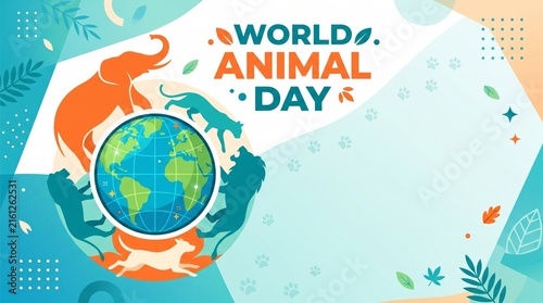 Colorful illustration shows wild animals around Earth beneath a World Animal Day message. Concept wildlife conservation and animal welfare for campaigns, posters and social media. Generative AI.