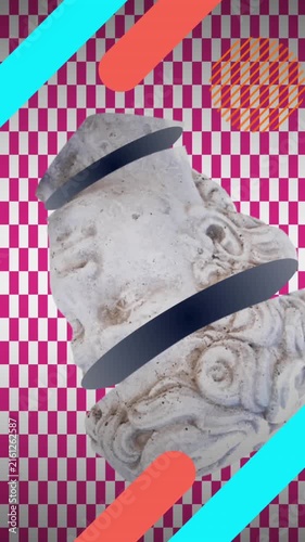 Animation of antique sliced head sculpture over shapes on red and white checkered background
