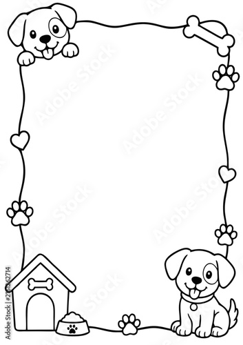 Puppy border frame illustration featuring cute dogs and playful icons for children activity coloring book pages