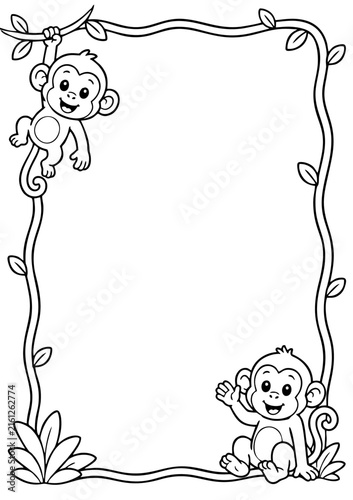 Canvas Print Monkey border frame illustration for kids coloring book page featuring cute jung