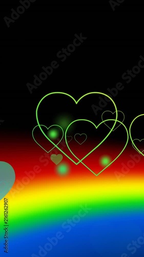 Animation of rainbow hearts over rainbow background