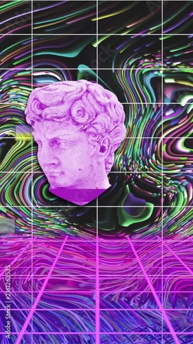Classical sculpture heads, interference, leaves and grid over multicoloured liquid swirl